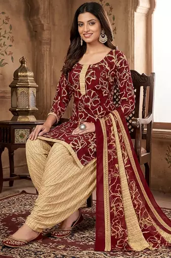 Red printed cotton blend stitched geometric print salwar kurta dupatta for women