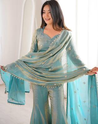 Women's sea green silk blend embroidery kurta set with dupatta and sharara 5