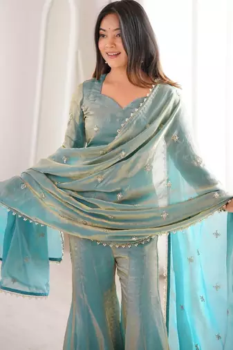 Women's sea green silk blend embroidery kurta set with dupatta and sharara