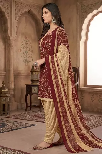 Red printed cotton blend stitched geometric print salwar kurta dupatta for women