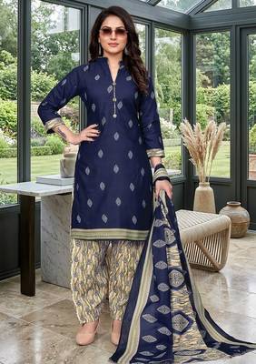 Blue printed cotton blend stitched geometric print salwar kurta dupatta for women 1