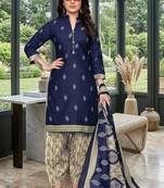 Blue printed cotton blend stitched geometric print salwar kurta dupatta for women