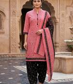 Pink printed cotton blend stitched geometric print salwar kurta dupatta for women