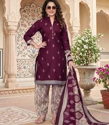 Purple printed cotton blend stitched geometric print salwar kurta dupatta for women