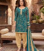 Teal printed cotton blend stitched geometric print salwar kurta dupatta for women
