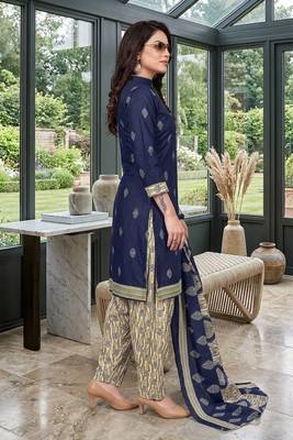 Blue printed cotton blend stitched geometric print salwar kurta dupatta for women 2