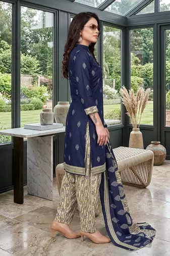 Blue printed cotton blend stitched geometric print salwar kurta dupatta for women
