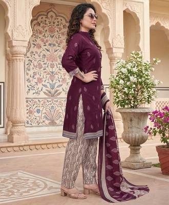 Purple printed cotton blend stitched geometric print salwar kurta dupatta for women 2