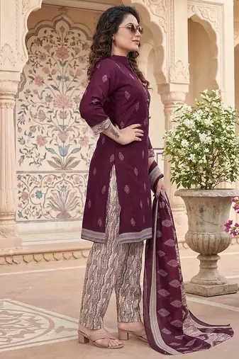 Purple printed cotton blend stitched geometric print salwar kurta dupatta for women