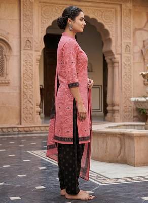 Pink printed cotton blend stitched geometric print salwar kurta dupatta for women 2