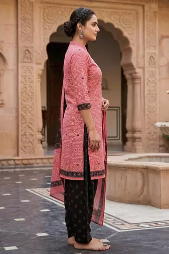 Pink printed cotton blend stitched geometric print salwar kurta dupatta for women