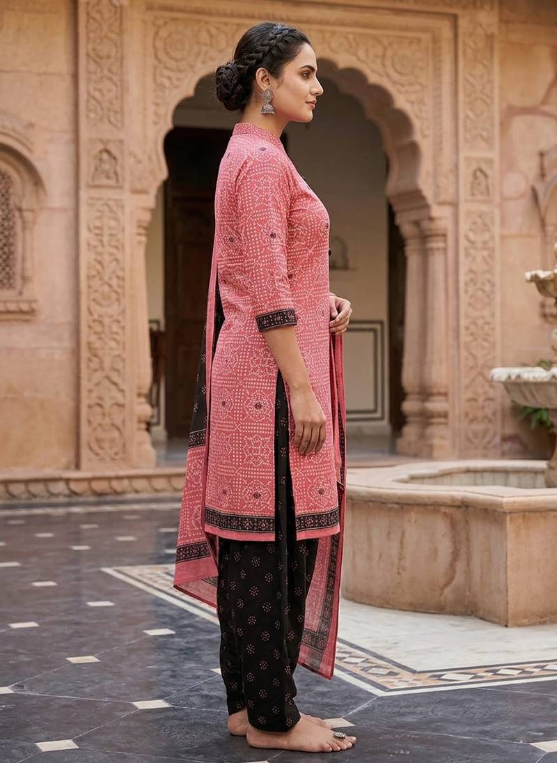 Pink printed cotton blend stitched geometric print salwar kurta dupatta for women