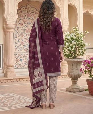 Purple printed cotton blend stitched geometric print salwar kurta dupatta for women 3