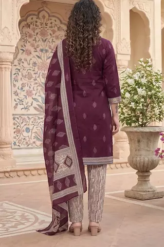 Purple printed cotton blend stitched geometric print salwar kurta dupatta for women