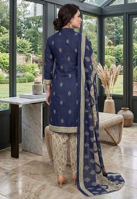 Blue printed cotton blend stitched geometric print salwar kurta dupatta for women 3