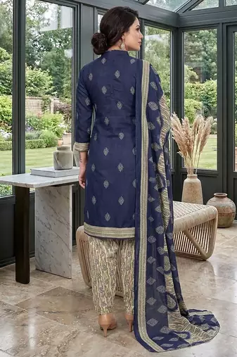 Blue printed cotton blend stitched geometric print salwar kurta dupatta for women