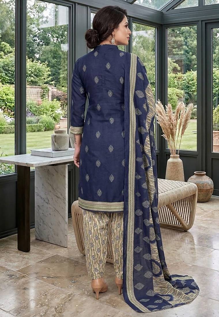 Blue printed cotton blend stitched geometric print salwar kurta dupatta for women