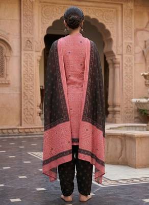 Pink printed cotton blend stitched geometric print salwar kurta dupatta for women 3