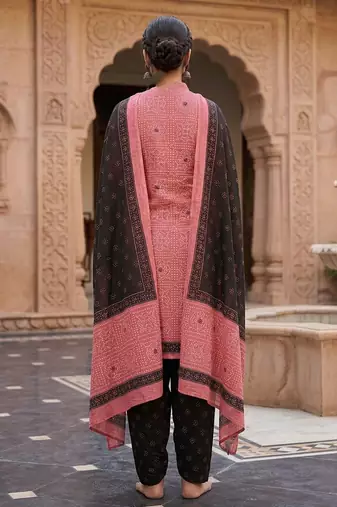 Pink printed cotton blend stitched geometric print salwar kurta dupatta for women