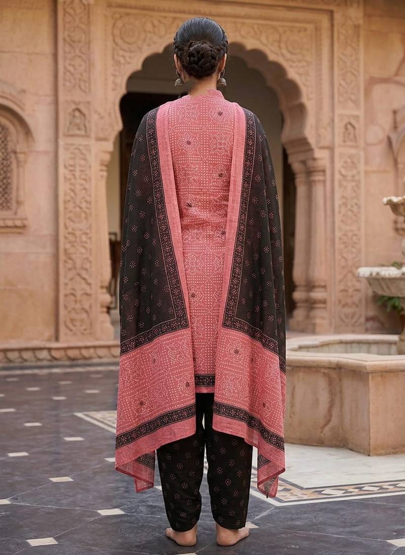 Pink printed cotton blend stitched geometric print salwar kurta dupatta for women