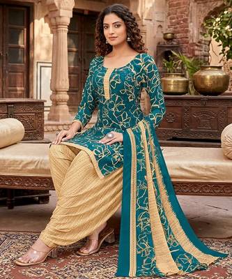 Teal printed cotton blend stitched geometric print salwar kurta dupatta for women 2