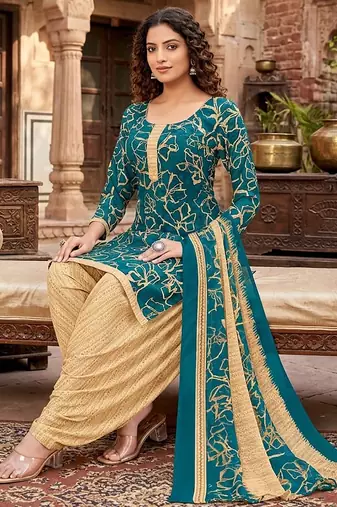 Teal printed cotton blend stitched geometric print salwar kurta dupatta for women