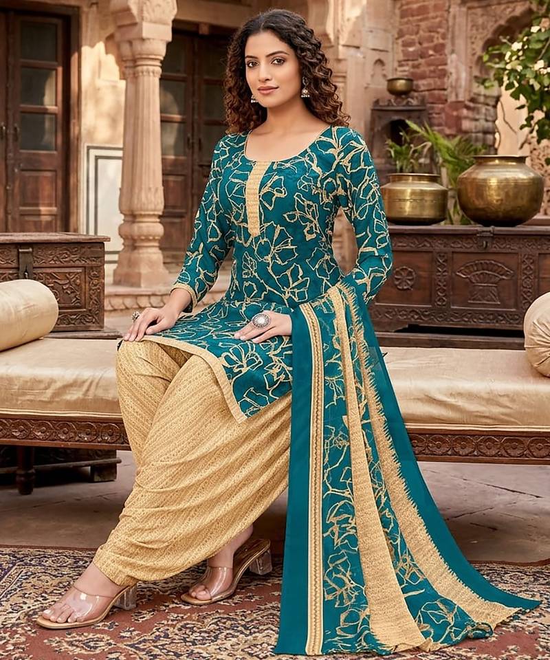 Teal printed cotton blend stitched geometric print salwar kurta dupatta for women