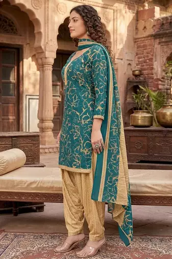 Teal printed cotton blend stitched geometric print salwar kurta dupatta for women