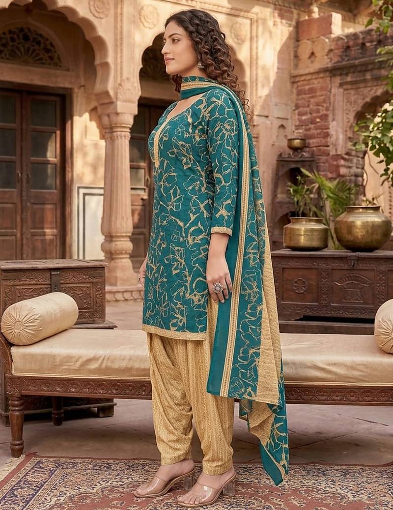 Teal printed cotton blend stitched geometric print salwar kurta dupatta for women