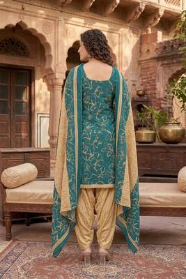 Teal printed cotton blend stitched geometric print salwar kurta dupatta for women 4