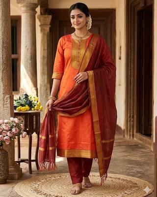 Orange woven jaquard straight kurti dupatta with pant 1