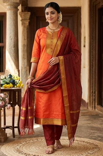 Orange woven jaquard straight kurti dupatta with pant