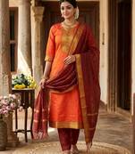 Orange woven jaquard straight kurti dupatta with pant