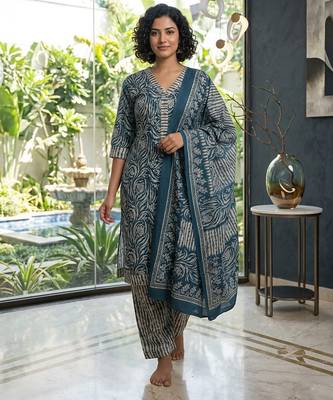 Blue printed cotton blend stitched geometric print salwar kurta dupatta for women 1