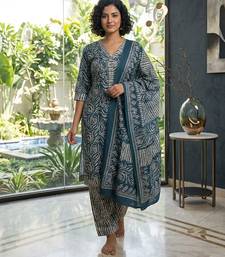 Blue printed cotton blend stitched geometric print salwar kurta dupatta for women