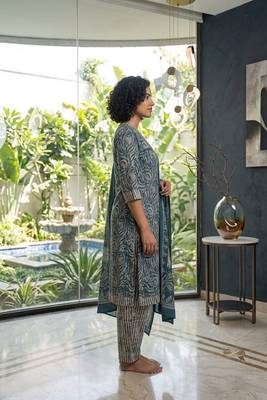 Blue printed cotton blend stitched geometric print salwar kurta dupatta for women 2
