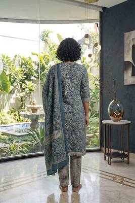 Blue printed cotton blend stitched geometric print salwar kurta dupatta for women 3