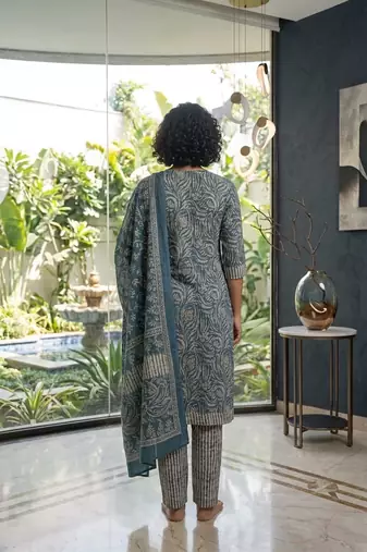 Blue printed cotton blend stitched geometric print salwar kurta dupatta for women