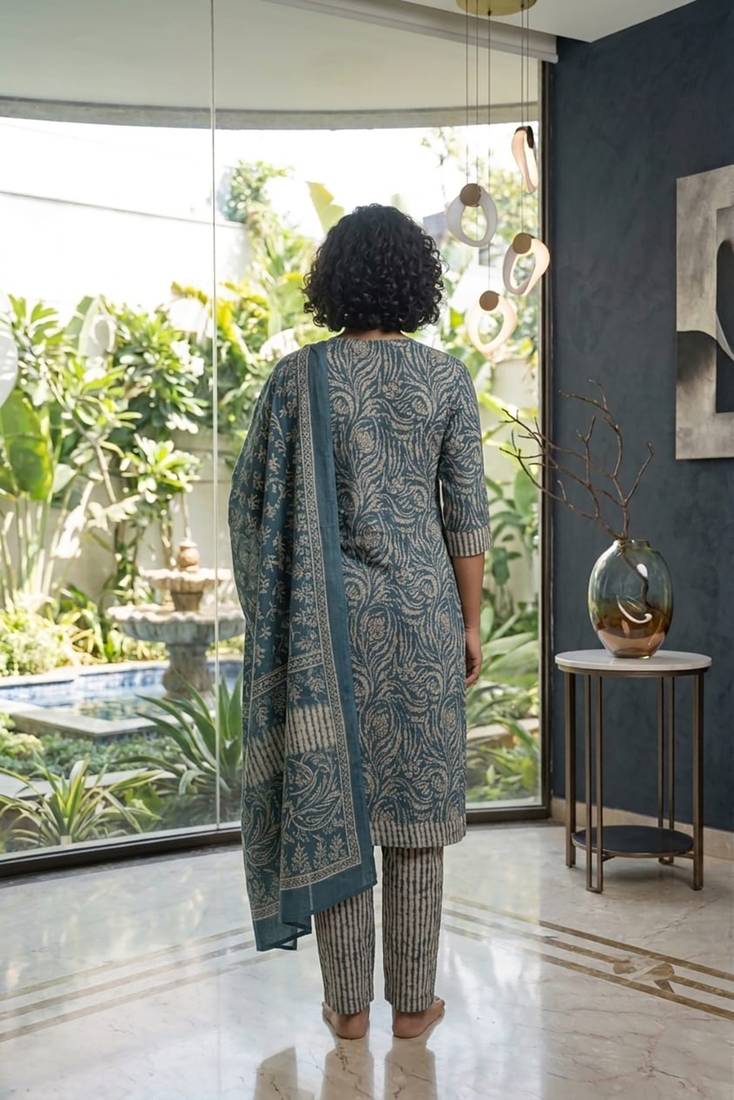 Blue printed cotton blend stitched geometric print salwar kurta dupatta for women