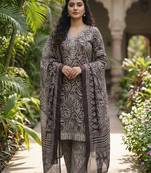 Purple printed cotton blend stitched geometric print salwar kurta dupatta for women
