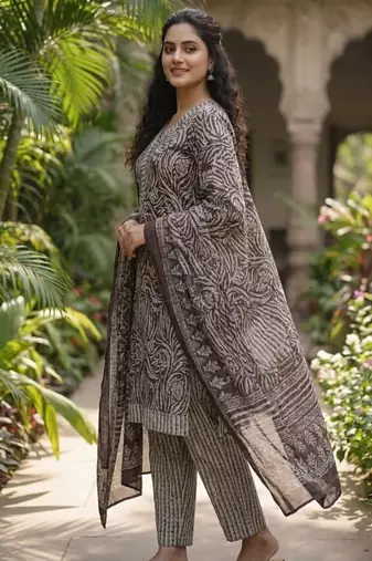 Purple printed cotton blend stitched geometric print salwar kurta dupatta for women