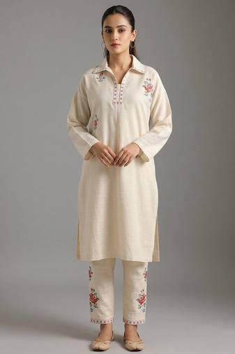 Off-white floral embroidered kurti co-ord set