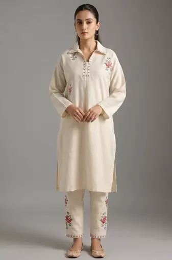 Off-white floral embroidered kurti co-ord set
