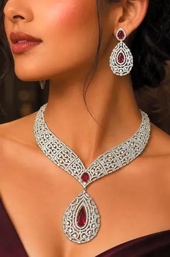 Ruby Red Teardrop CZ Bridal Jewelry Set, Statement Necklace Earrings