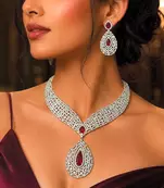 Ruby Red Teardrop CZ Bridal Jewelry Set, Statement Necklace Earrings