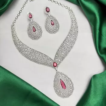 Ruby Red Teardrop CZ Bridal Jewelry Set, Statement Necklace Earrings 2