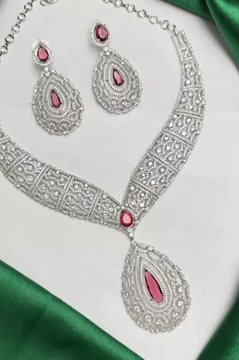 Ruby Red Teardrop CZ Bridal Jewelry Set, Statement Necklace Earrings