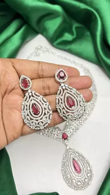 Ruby Red Teardrop CZ Bridal Jewelry Set, Statement Necklace Earrings 3