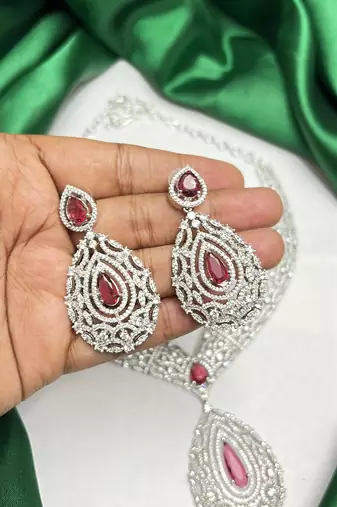 Ruby Red Teardrop CZ Bridal Jewelry Set, Statement Necklace Earrings