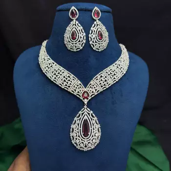 Ruby Red Teardrop CZ Bridal Jewelry Set, Statement Necklace Earrings 4